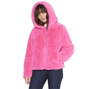 Apparis Hot Pink Faux Fur Large Hooded Zip Up Jacket Hoodie Size Medium